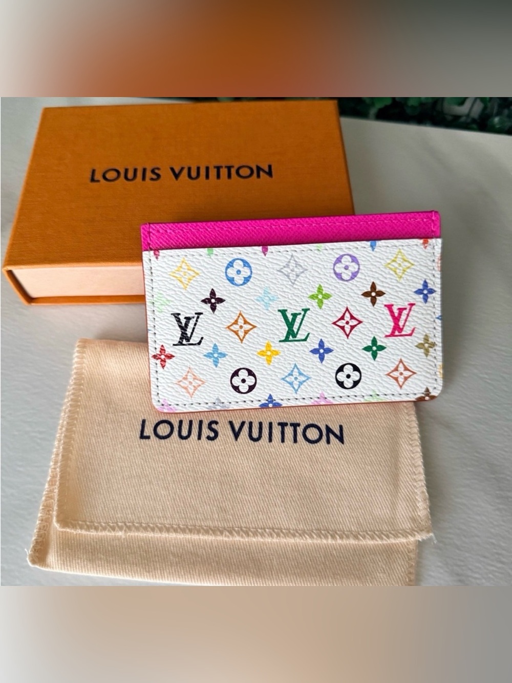 Louis Vuitton White Murakami Multicolor Card Holder with Pink Trim BRAND NEW - Picture 1 of 5